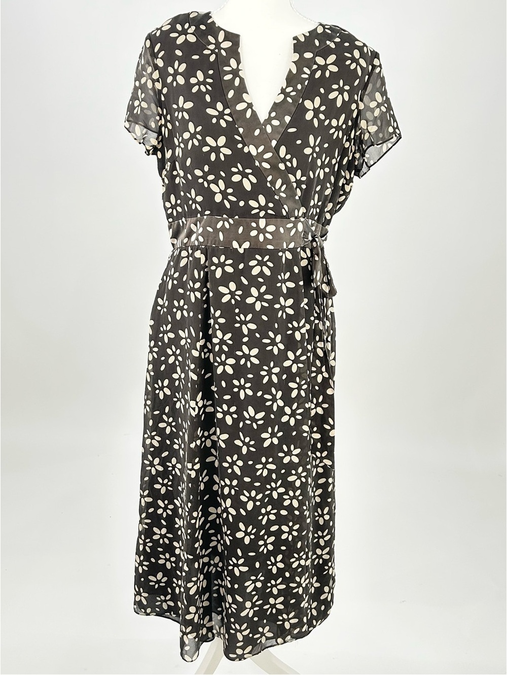 Talbots Pure Silk Floral Wrap Style Midi Dress Brown Ivory Size 10 Classic
